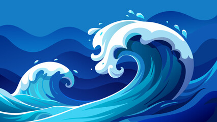 Fluid abstract waves crashing softly in indigo ocean to foam white gradients, tidal motion, refreshi