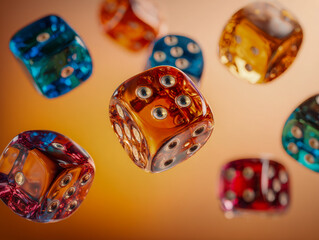 Colorful translucent dice suspended mid-air with a warm gradient background creating a dynamic and vibrant gaming atmosphere full of motion and excitement