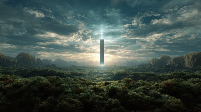 Futuristic black monolith with light beam emerging from it in a vast forest landscape. Abstract concept of alien technology or discovery.
