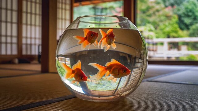 和風背景で泳ぐ金魚鉢の癒しループ動画