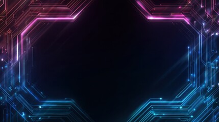 Circuit board pattern with glowing lines and copy space for text. Technology background for digital data and electronic design.