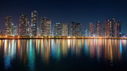 Fototapeta premium Night panorama with modern city skyline reflections on water. Cityscape with illuminated buildings and urban waterfront for travel banner.