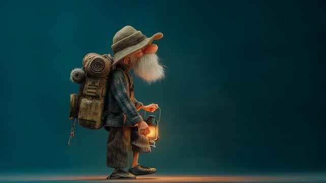 Elderly explorer with lantern and backpack in whimsical digital artwork