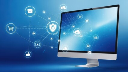 Computer monitor displaying various digital icons