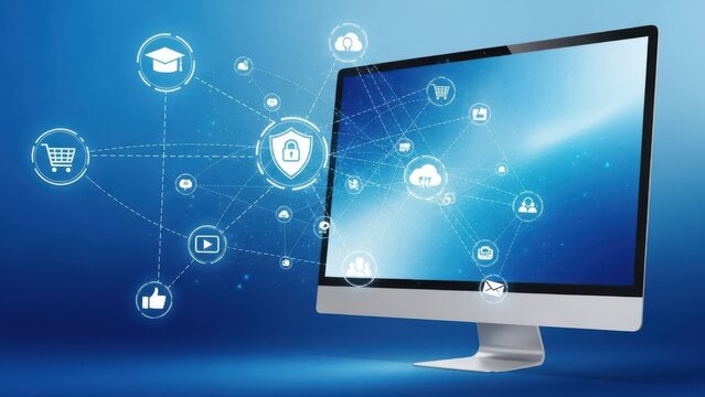 Computer monitor displaying various digital icons - Powered by Adobe