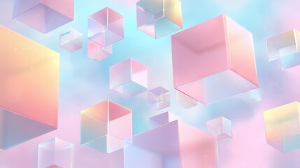 Abstract background with floating holographic cubes and soft pastel gradient colors. Modern minimalist geometric pattern for presentation or design.