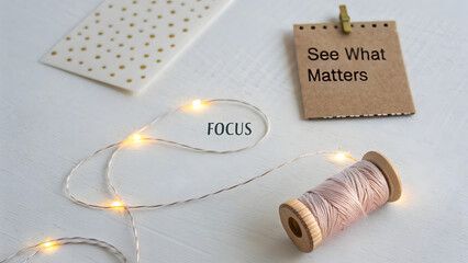 Minimalist setup of thread with lights and a focus message