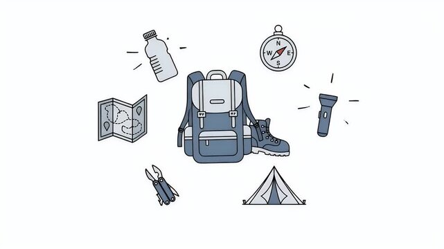 Camping Gear Backpack Compass Map Tent Flashlight Boots Water Bottle Adventure