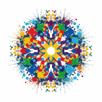 Abstract colorful paint splatter mandala creates a symmetrical kaleidoscope pattern effect