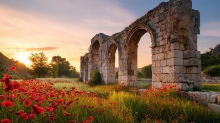 Obraz premium Ancient stone aqueduct ruins in a field of red poppy flowers at sunset. Historical architecture and natural beauty.