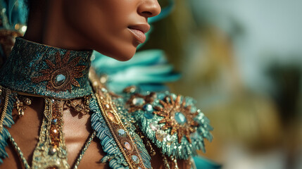 Vibrant Carnaval de Cozumel, Mexico celebration captured in a close-up portrait of a dancer adorned in elaborate costume