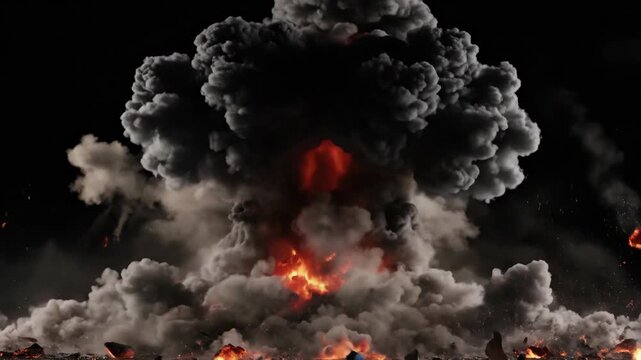 Fiery Explosion with Flying Debris and Smoke Isolated on Black Background