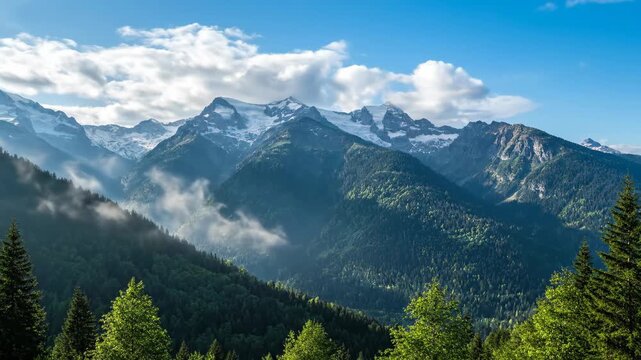 A breathtaking view of towering snow-capped mountains, dense green forests, and ethereal mist drifting through the valleys under a clear blue sky.