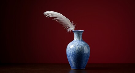 a blue vase with a white feather in it on a table