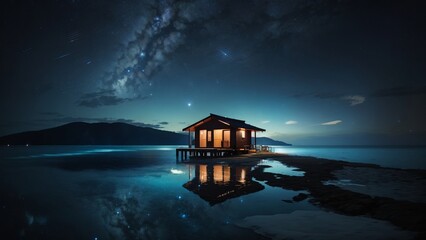 Lighted hut with black starry sky and stars reflecting on calm ocean water
