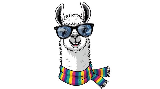 Cartoon Llama Wearing Sunglasses and Colorful Scarf White Background