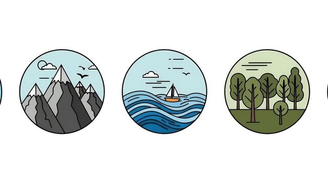 Circular Nature Scenes Mountain Sea Forest Flat Icons