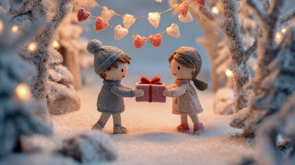 Two charming knit dolls exchange a wrapped gift in a magical snowy forest adorned with heart-shaped lights and soft glowing decorations in winter ambiance