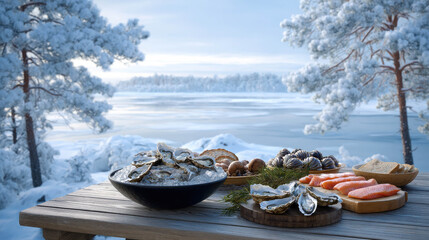 Obraz premium Seafood Feast by Frozen Lake on Wooden Table with Fresh Oysters, Salmon, and Clams in Winter Wonderland Setting