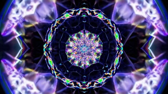 kaleidoscope mandala psychedelic neon symmetry, vibrant radial pattern pulses with colorful fractal layers, hypnotic rotation and glowing edges create meditative abstract visuals for creative