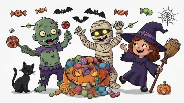 Cartoon Halloween Trick Or Treat Characters Zombie Mummy Witch Cat Candy Potion