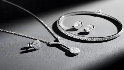 Luxurious white gold or platinum jewelry set featuring a diamond pavé disc pendant necklace, matching stud earrings, and a thin bangle bracelet.