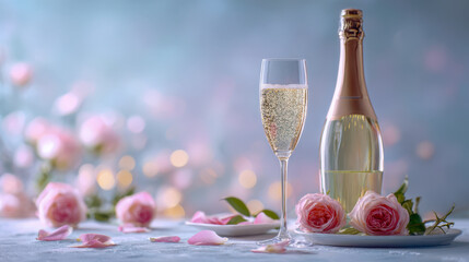 Elegant glass of sparkling wine with a bottle and pink roses arranged on a soft pastel blue background with gentle bokeh lights for a romantic celebration setting