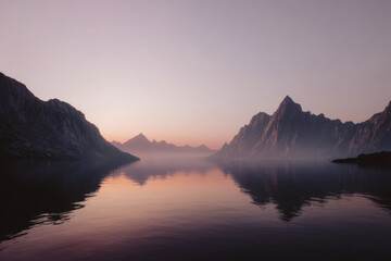Serene early morning mountain landscape with soft pastel sky reflecting on calm lake water surrounded by misty peaks and gentle shadows