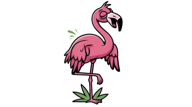 Cartoon Pink Flamingo Standing on One Leg Green Plants White Background