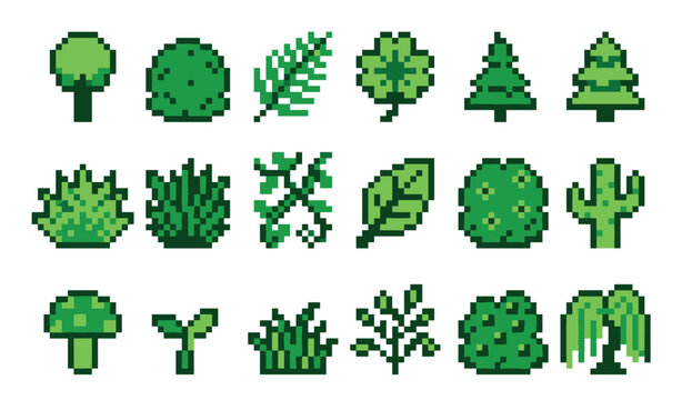 Set of green pixel art plant icons featuring various trees, bushes, leaves, and grass in a retro 8-bit video game style for nature or environment design assets