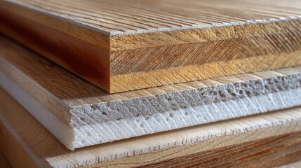 Close up of multi layered wooden board stack showing different textures and materials for construction, furniture, and flooring concept.