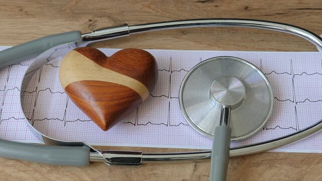 Zoom in at wooden hearth next to electrocardiogram and medical stethoscope.