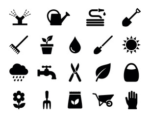 Black silhouette gardening and farming icon set featuring tools like a shovel, rake, watering can, and symbols for plants, water, and weather in a simple glyph style