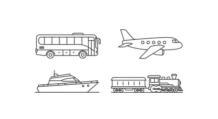 Set of Four Minimalist Transportation Vehicles Icons on Black Background
