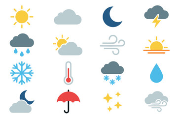 Obraz premium Colorful set of flat weather icons representing various meteorological conditions like sun, rain, snow, wind, and temperature for a forecast application or website
