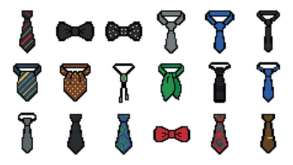 Collection of colorful pixel art neckties and bow ties with various patterns and styles, creating a retro 8-bit video game fashion accessory set for men's formal wear