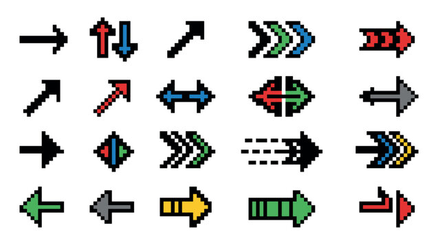 Collection of colorful pixel art arrows in a retro 8-bit video game style, featuring various directional pointers for user interface navigation and design elements