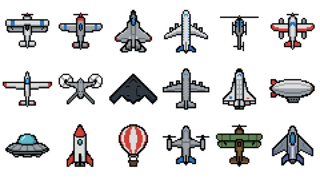 Large collection of pixel art aircraft and flying vehicles in a retro 8-bit video game style, featuring planes, jets, helicopters, a rocket, and a UFO for game assets