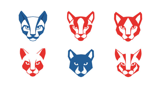 Geometric Fox Faces Set in Bold Red Blue White Minimalist Vector Art Design