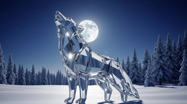 Crystal Wolf Sculpture Under Full Moon, Nature Art, Snowy Forest Scene, Ethereal Environment