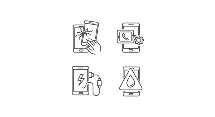 Broken and Functional Smartphone Icons Set with Repair and Security Concepts on Black Background
