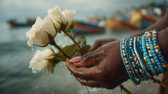 Hands holding white roses during Festa de Iemanj&aacute; in Rio Vermelho, Salvador, Brazil, near the water with boats in the background
