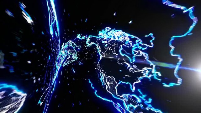 electrified neon arcs tracing continental circuits, electric blue outlines pulse across globe, crackling energy lines and dynamic motion suggest live power grid and highvoltage network, cinematic