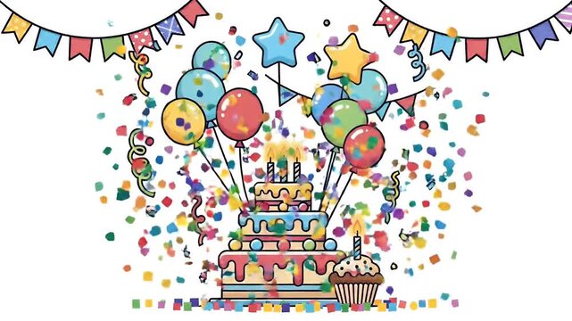 Celebration Cake Balloons Confetti Party Festive Background Motion Graphics