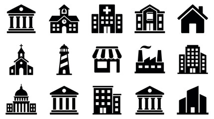 Fototapeta premium Set of black building icons representing various urban and public structures like a hospital, school, bank, and factory, presented as a simple glyph collection for graphic design