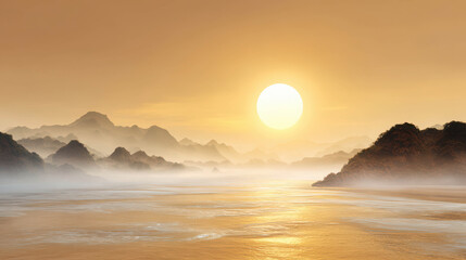 Serene Chinese Landscape with Majestic Mountains and Flowing River under a Golden Sunset Sky in Traditional Painting Style