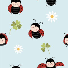 seamless ladybugs pattern with leaf clovers and flowers on light blue background , vector , illustration