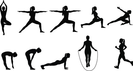 Obraz premium various yoga poses and exercises in silhouette