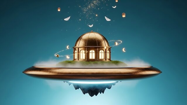 Floating miniature temple on UFO in surreal fantasy style with golden lighting on blue background for editorial use