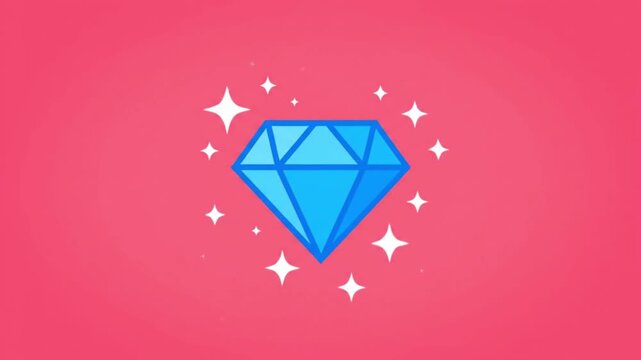 Sparkling Blue Diamond Animation. Flat Cartoon Gem Icon Shining on Pink Background. Precious Jewel Motion Graphics.